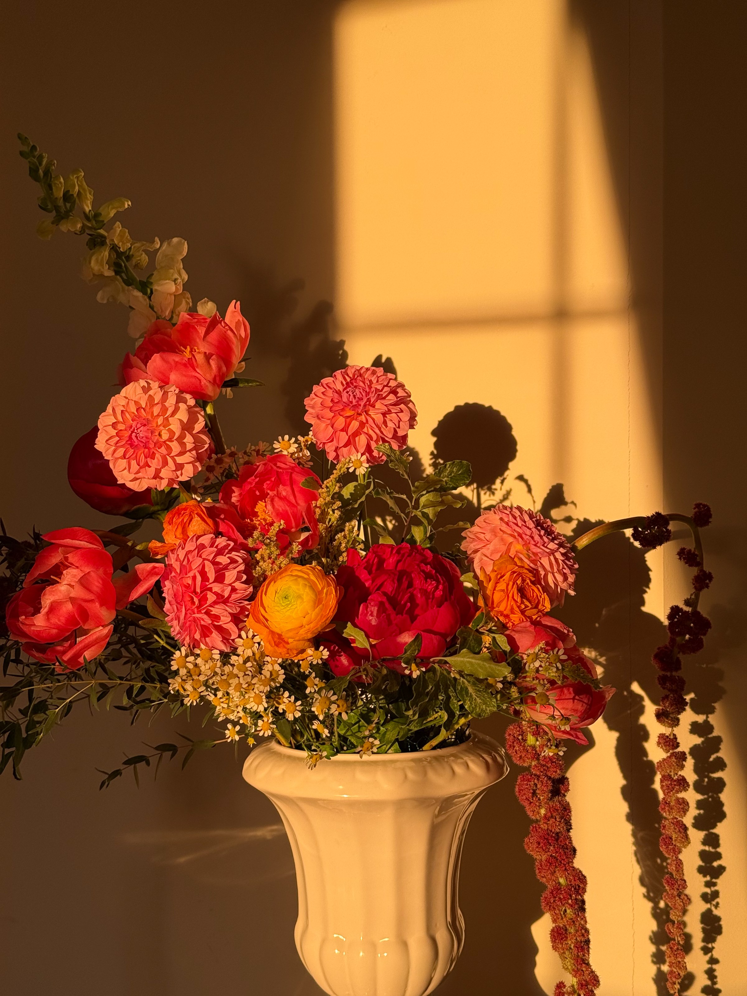 A hand-tied seasonal bouquet in golden afternoon light